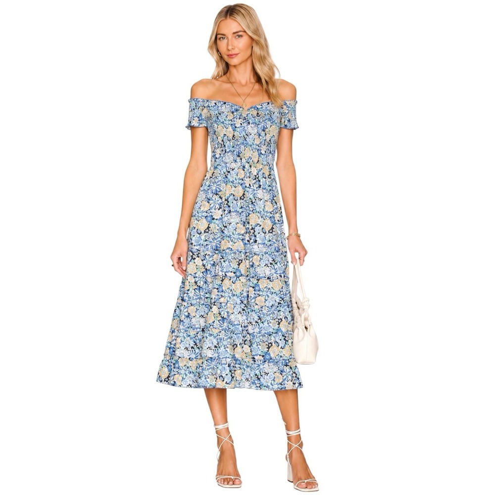 HEARTLOOM Mina Maxi Dress Indigo Blue Floral Off Shoulder Smocked. Sz S. NWT